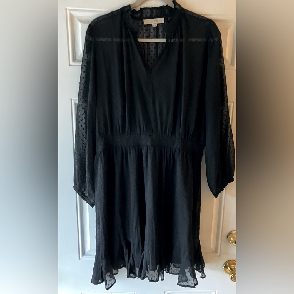 LOFT Tall Clip Godet Flare Dress Black Size 14T - Swiss Dot Texture EUC - Picture 4 of 11